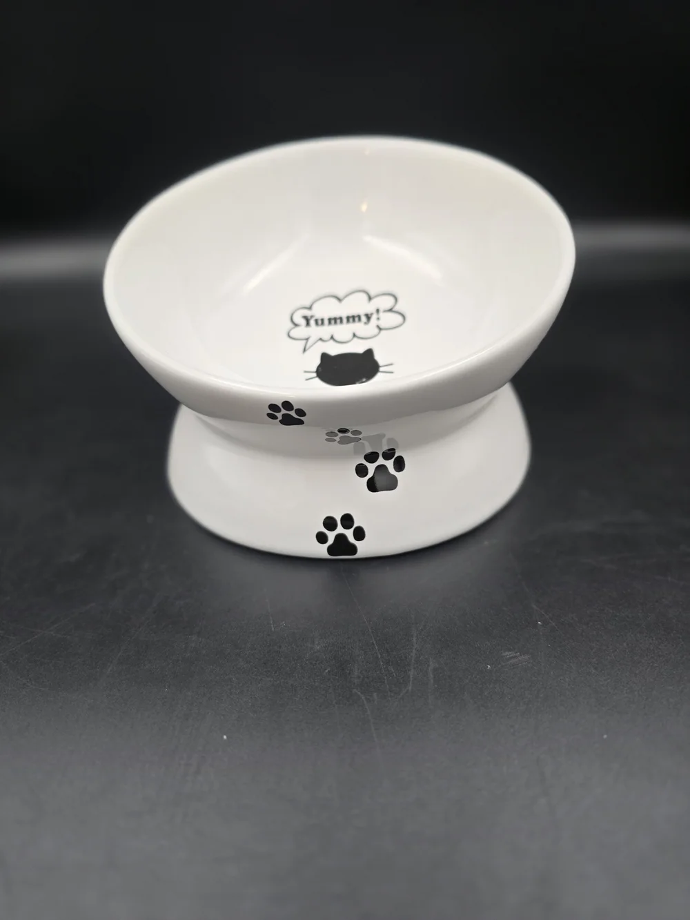 Ceramic Cat Food Bowl - White with 'Yummy!' Design